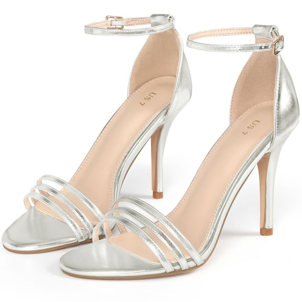 Strappy Heels Ankle Strap Stiletto Heel Sandals for Women Silver